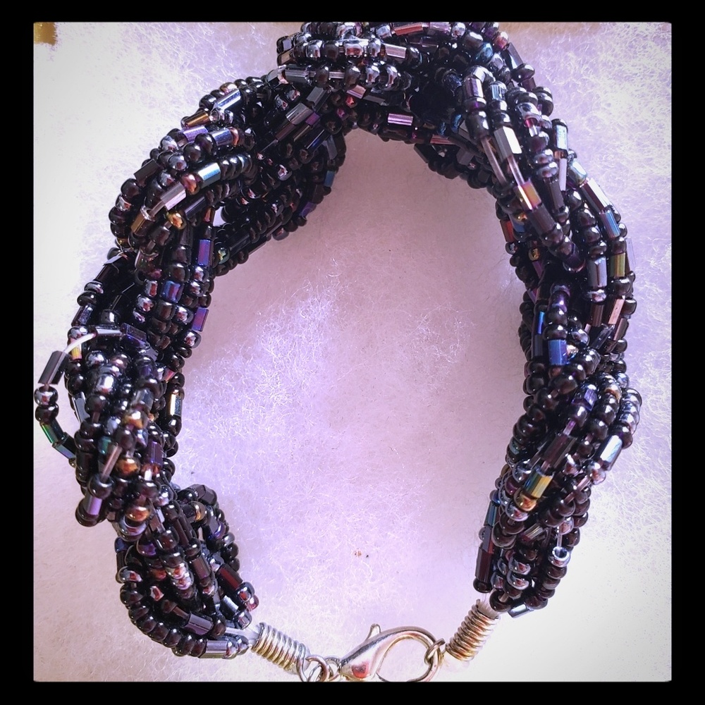 Handcrafted 7" Seed Bead Triple Braided Black Shimmering Bracelet